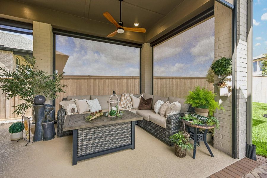 Exterior details and patio area of a home in Prairieland Village - Summit Collection, Cypress (Image 22).