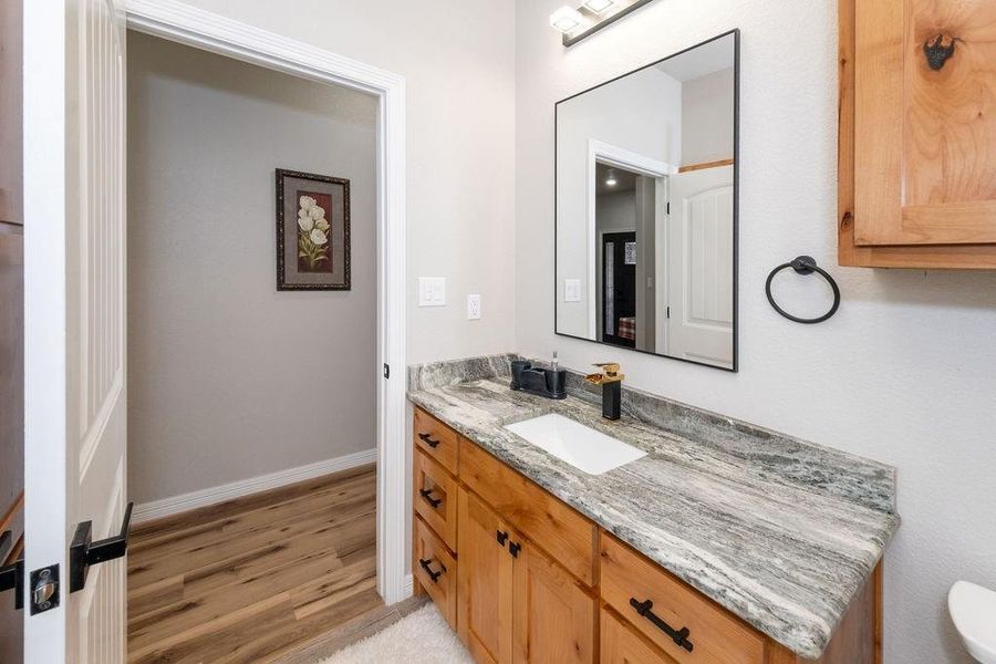 Bathroom featuring hardwood / wood-style flooring and vanity