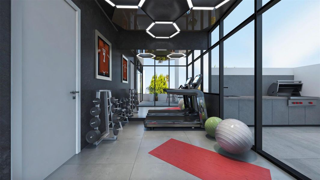 Modern home gym with sleek design, featuring treadmills, dumbbells, exercise balls, and sports memorabilia. Floor-to-ceiling windows provide ample natural light, and the outdoor area includes a barbecue grill. Virtually staged. Modern home gym with sleek design, featuring treadmills, dumbbells, exercise balls, and sports memorabilia. Floor-to-ceiling windows provide ample natural light, and the outdoor area includes a barbecue grill. Virtually staged.