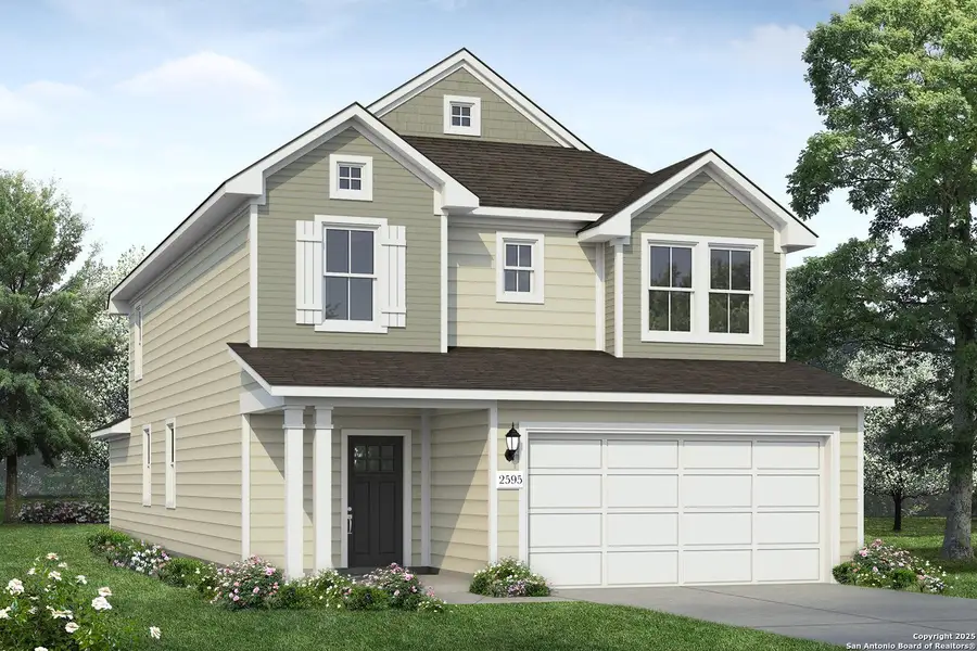 Front exterior of a new home in Hunters Ranch, San Antonio, TX, highlighting curb appeal (Image 2).