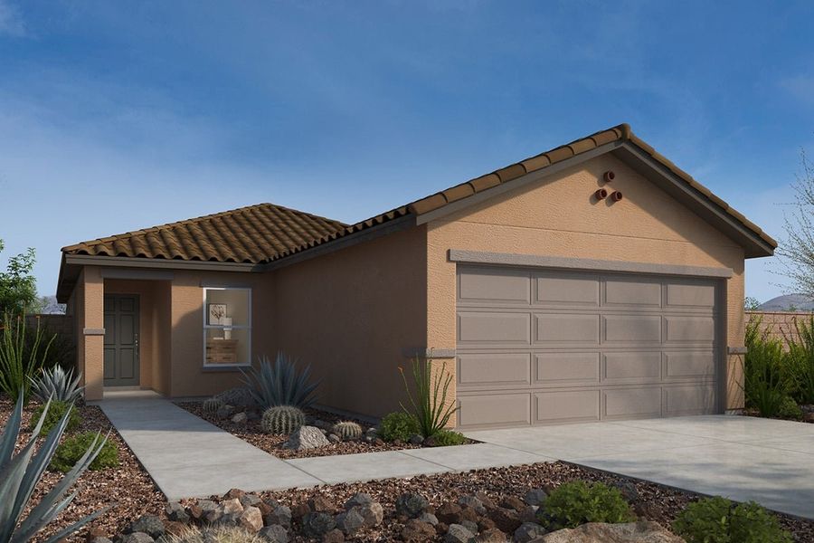 Front exterior of a new home in Entrada Del Toro at Rancho Sahuarita, Sahuarita, AZ, highlighting curb appeal (Image 1). Front exterior of a new home in Entrada Del Toro at Rancho Sahuarita, Sahuarita, AZ, highlighting curb appeal (Image 1).