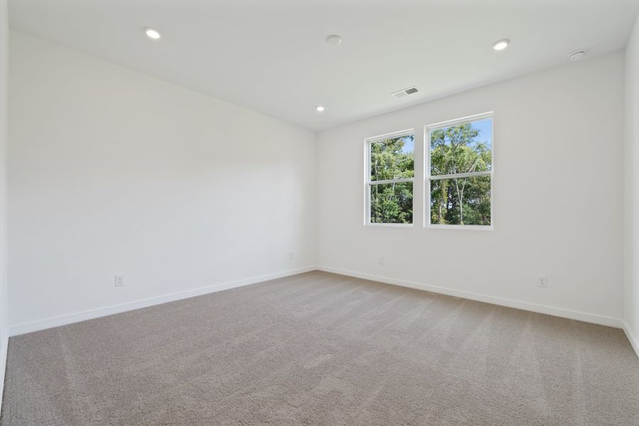 A room with a carpet and windows.