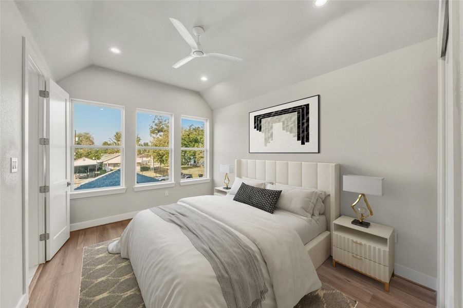 Experience the inviting charm of this virtually staged master bedroom, where abundant natural light creates a bright and airy ambiance.