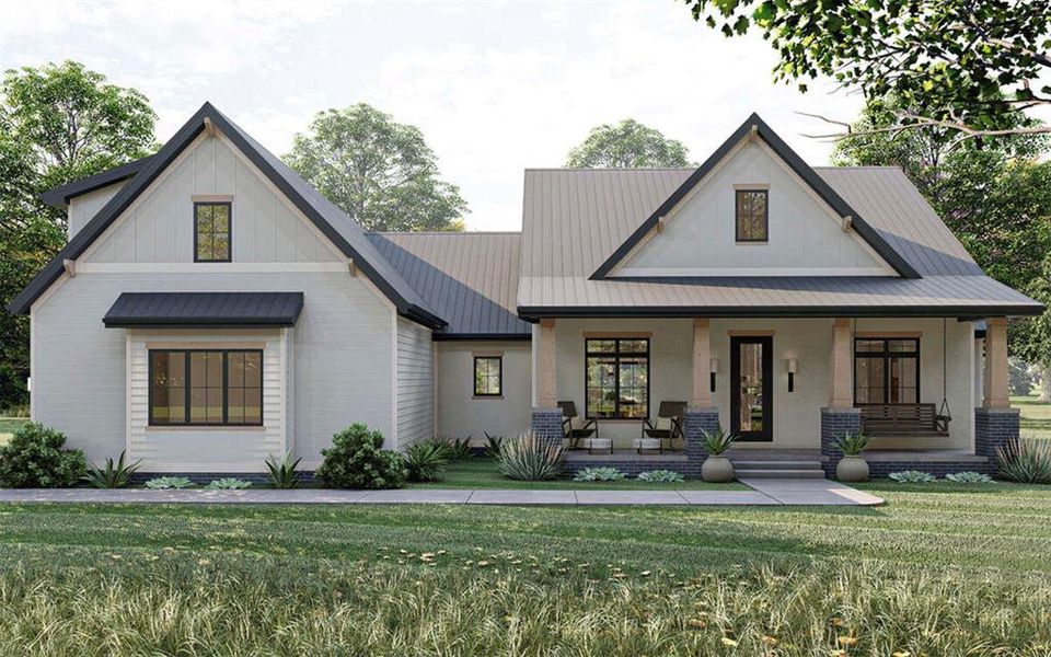 Modern inspired farmhouse with board and batten siding, covered porch, brick siding, and a front lawn