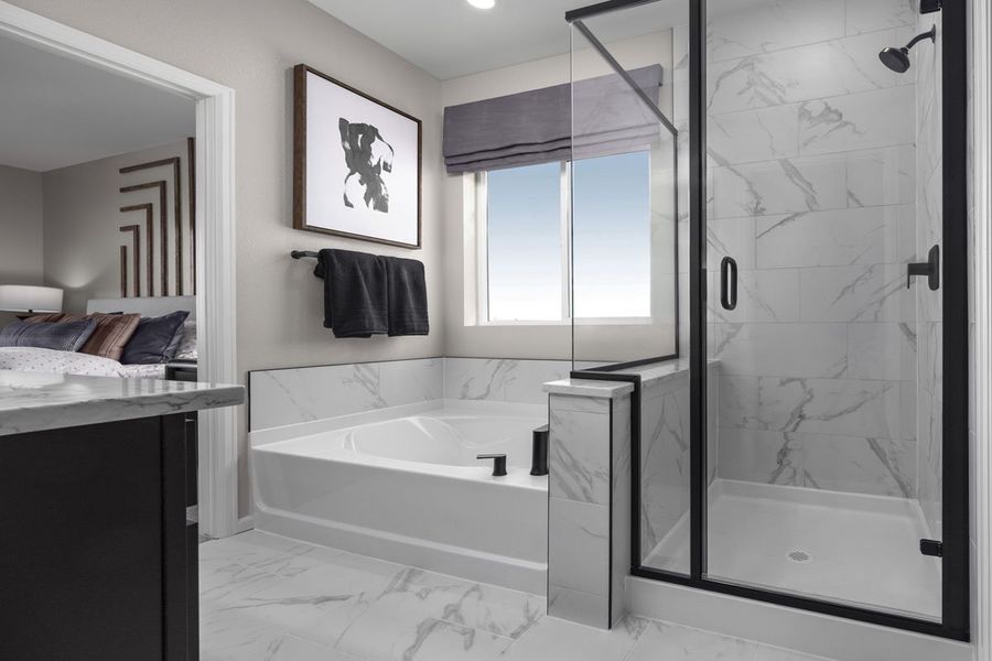 Walk-in shower with separate tub at primary bath