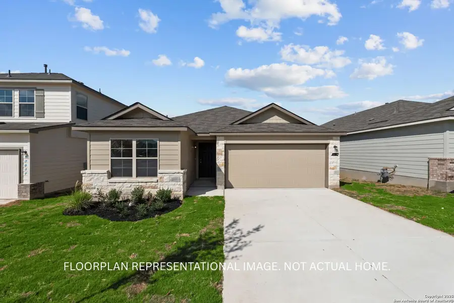 Front exterior of a new home in Blue Ridge Ranch, San Antonio, TX, highlighting curb appeal (Image 2).