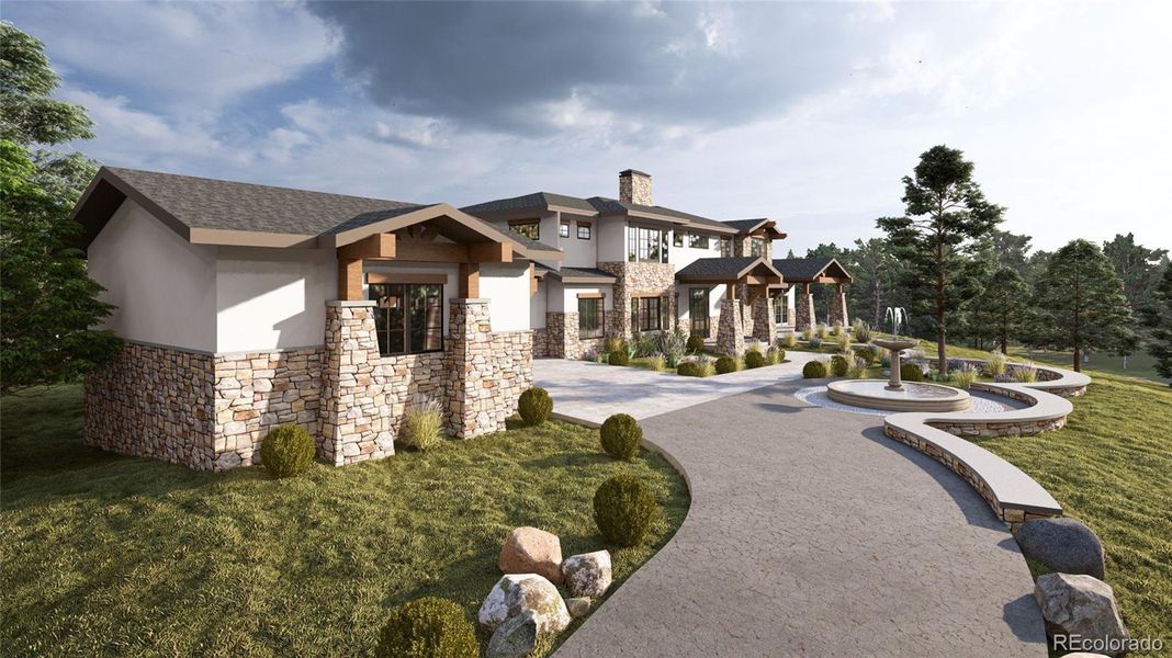 Front entrance with custom water feature Front entrance with custom water feature