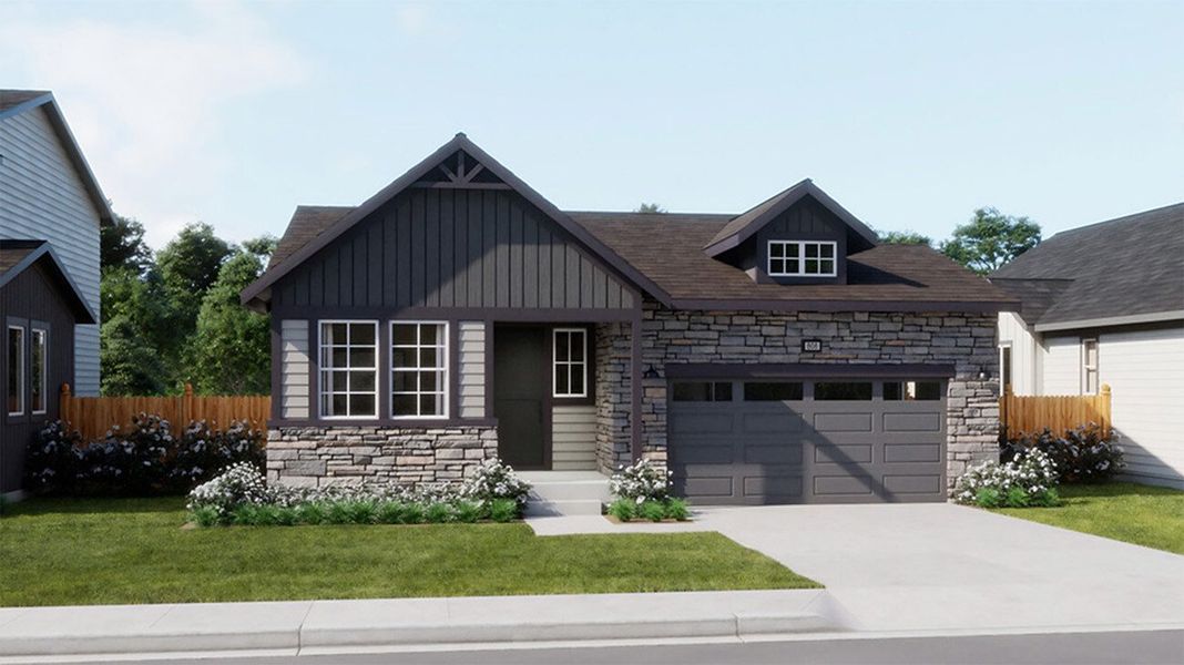 Representative exterior photo of a completed home built from the 3500 by Risewell Homes in The Cottages Collection at Ridgeline Vista, Brighton, CO (Image 3).