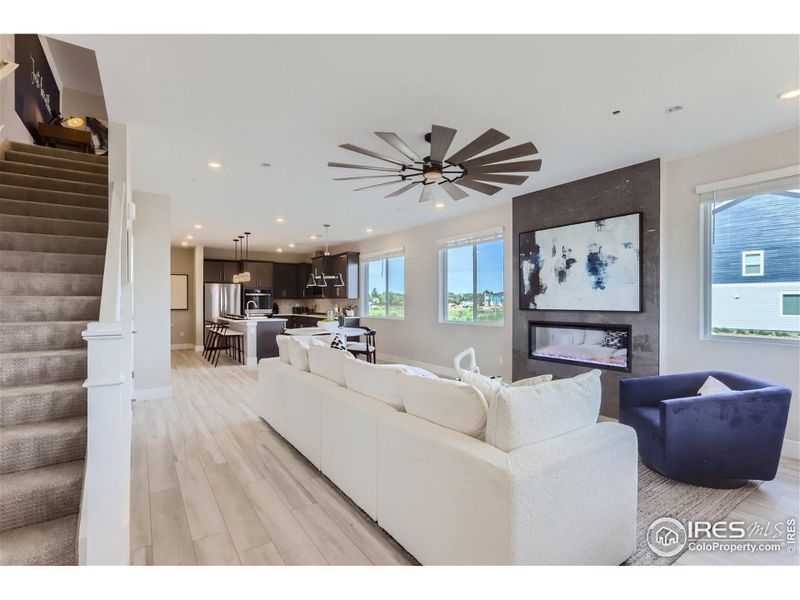 open living, dining, kitchen