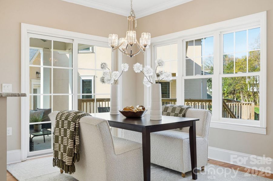 Elegant dining area with modern chandelier and views of the covered porch — perfect indoor/outdoor flow. Elegant dining area with modern chandelier and views of the covered porch — perfect indoor/outdoor flow.
