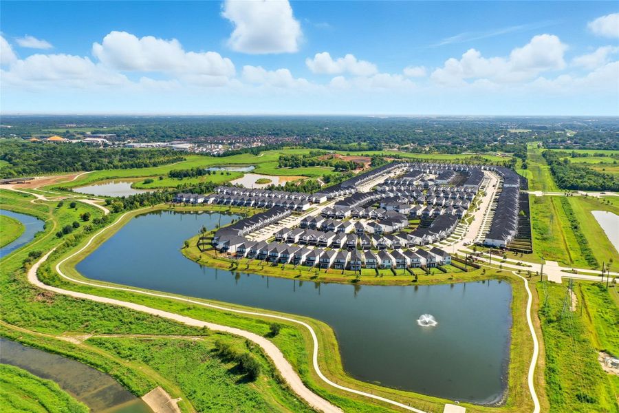 An aerial view of the community showcases the excellent walking trails for the community.