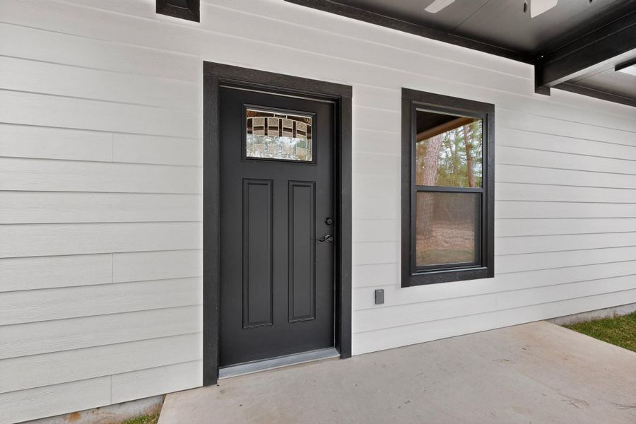 White horizontal siding with contrasting dark trim details White horizontal siding with contrasting dark trim details