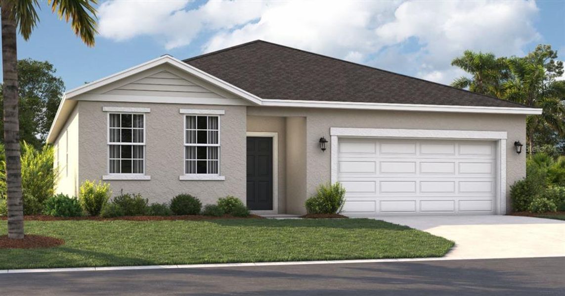 Front exterior of a new home in Covered Bridge at Liberty Bluff, Haines City, FL, highlighting curb appeal (Image 1).