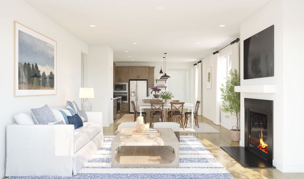 Great room with fireplace and gorgeous flooring