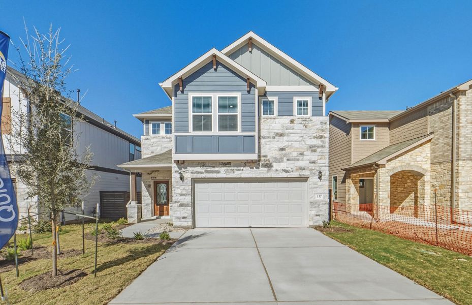 Front exterior of a new home in Horizon Lake, Leander, TX, highlighting curb appeal (Image 20).