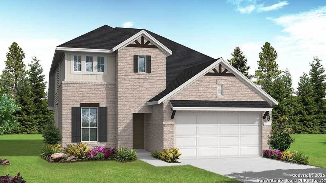 Front exterior of a new home in Sunflower Ridge, New Braunfels, TX, highlighting curb appeal (Image 1). Front exterior of a new home in Sunflower Ridge, New Braunfels, TX, highlighting curb appeal (Image 1).