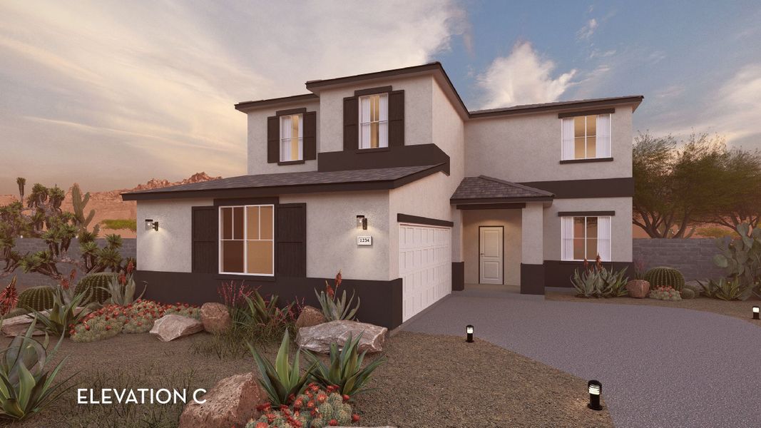 Representative exterior photo of a completed home built from the Cactus Wren by CastleRock Communities in Rancho Santa Rosa, Maricopa, AZ (Image 4). Representative exterior photo of a completed home built from the Cactus Wren by CastleRock Communities in Rancho Santa Rosa, Maricopa, AZ (Image 4).