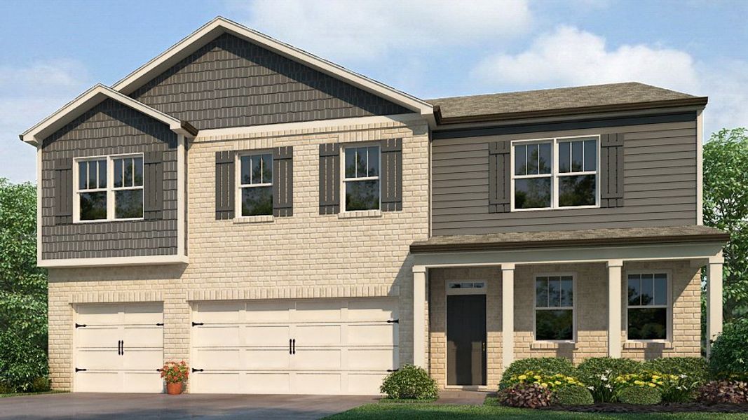 Representative exterior photo of a completed home built from the Mansfield by D.R. Horton in Northwoods at Mirror Lake, Villa Rica, GA (Image 23).