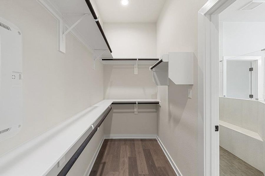 Walk in closet with dark wood-type flooring