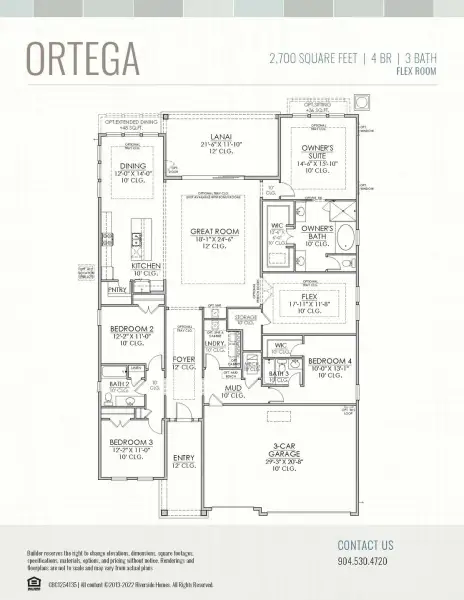 2D floor plan layout for the Ortega by Riverside Homes in Sagebrush at EverRange, Jacksonville, FL (Image 5).
