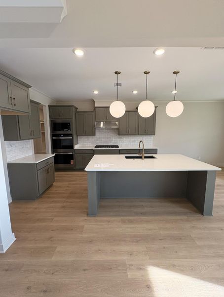 Modern kitchen featuring an expansive center island with an undermount sink, gray cabinetry, integrated stainless steel appliances, and wood-finish flooring