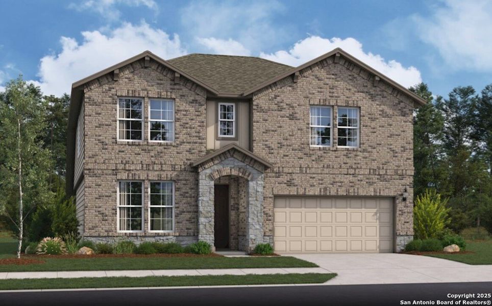 Front exterior of a new home in Comanche Ridge, San Antonio, TX, highlighting curb appeal (Image 1).
