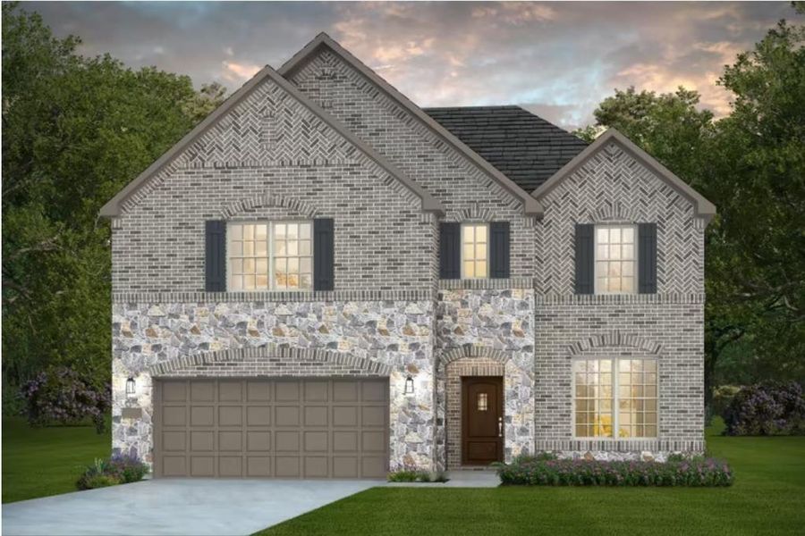 Front exterior of a new home in Arabella on the Prairie, Richmond, TX, highlighting curb appeal (Image 1). Front exterior of a new home in Arabella on the Prairie, Richmond, TX, highlighting curb appeal (Image 1).