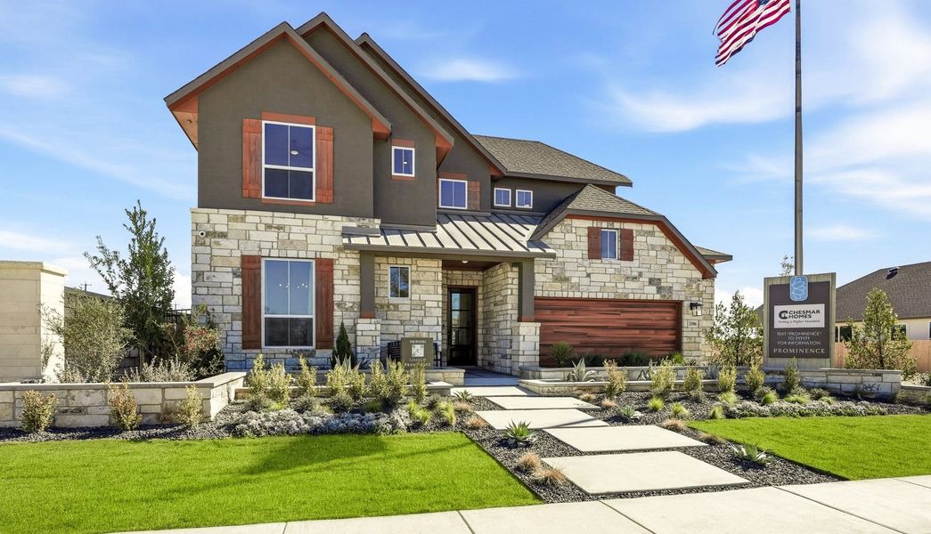 Front exterior of a new home in Prominence, San Antonio, TX, highlighting curb appeal (Image 25).