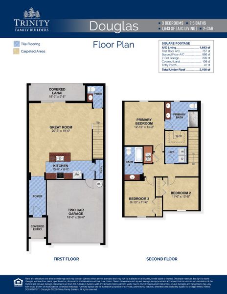 2D floor plan layout for the Douglas by Trinity Family Builders in Blue Springs Reserve Townhomes, Groveland, FL (Image 3).