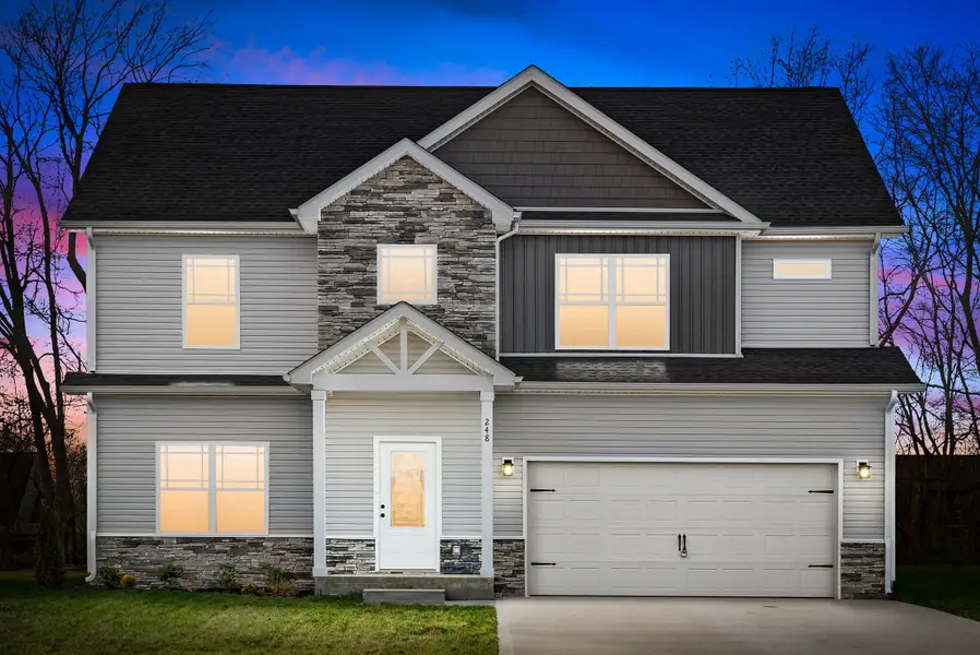 Representative exterior photo of a completed home built from the Bruno by Rockwood Homes in Cherry Fields, Clarksville, TN (Image 1). Representative exterior photo of a completed home built from the Bruno by Rockwood Homes in Cherry Fields, Clarksville, TN (Image 1).