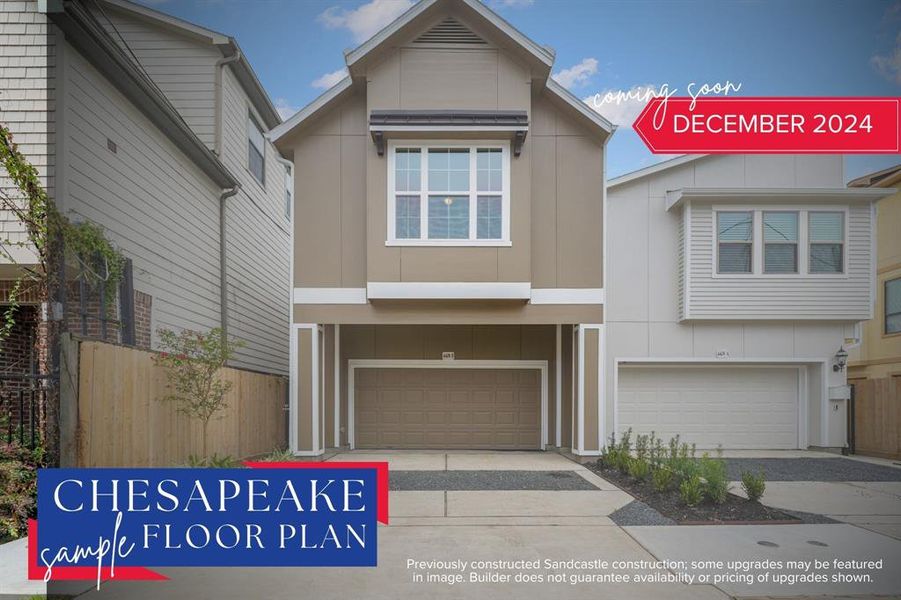 Welcome Home: Step into the welcoming front view of Sandcastle Homes' Chesapeake floor plan, a two-story masterpiece nestled amidst lush landscaping, complete with a private drive that whispers of conveniences to come from the first glance.