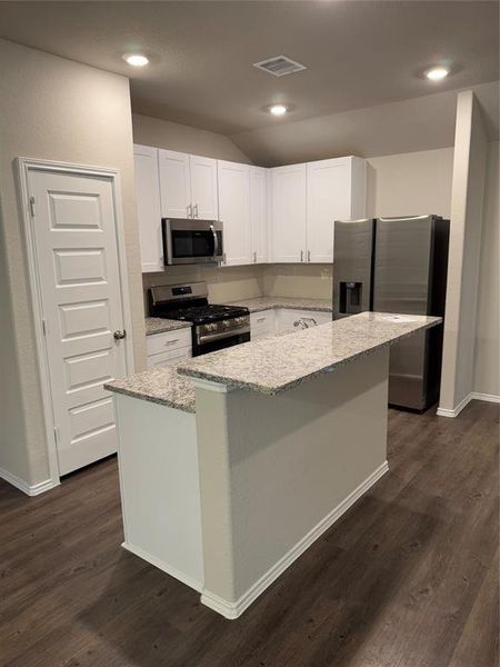 Granite countertops and upgraded modern backsplash. Refrigerator conveys with home.