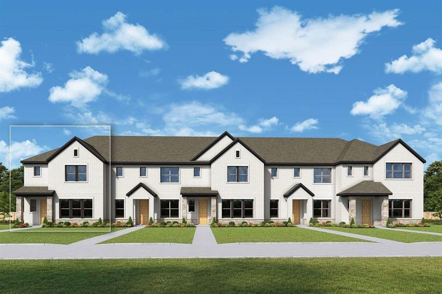 Contemporary townhome-style residences featuring white brick facades, dark trim, and gabled roofs Contemporary townhome-style residences featuring white brick facades, dark trim, and gabled roofs