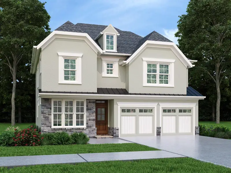 View of front of property featuring a garage, stone siding, driveway, a metal roof, and a standing seam roof