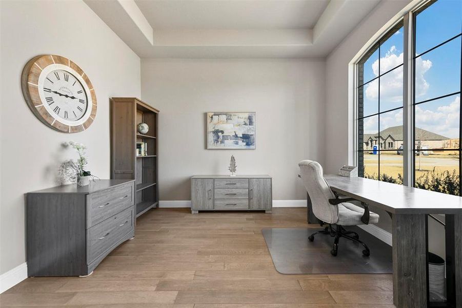 Office area with light hardwood / wood-style floors and a tray ceiling