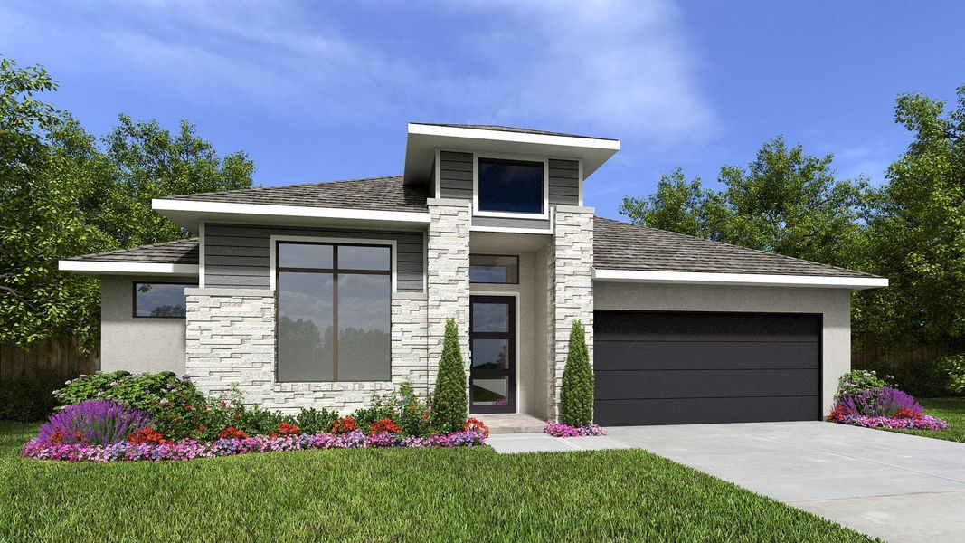 Front exterior of a new home in Artavia, Conroe, TX, highlighting curb appeal (Image 1). Front exterior of a new home in Artavia, Conroe, TX, highlighting curb appeal (Image 1).