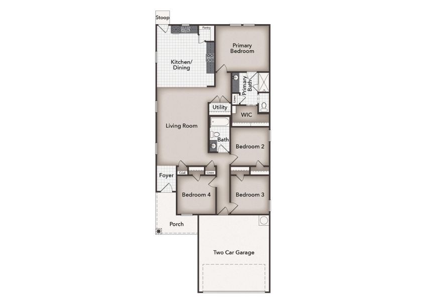 2D floor plan layout for the Heritage Mill 1468 by Brohn Homes in Heritage Mill, Hutto, TX (Image 3).