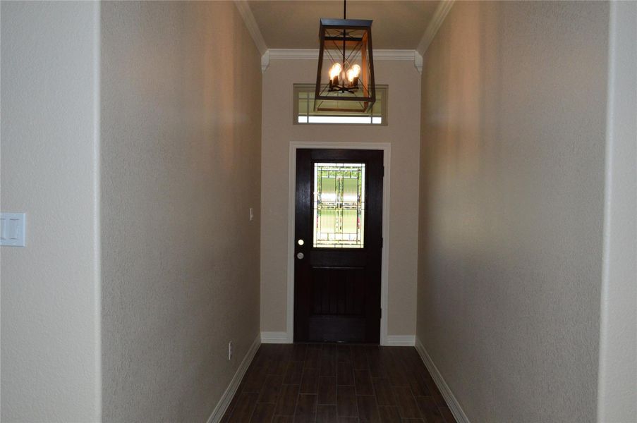 Doorway to outside featuring a chandelier, crown molding, and dark wood-style flooring