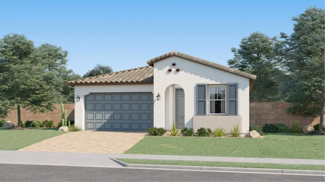 Front exterior of a new home in Ventana Ranch, Buckeye, AZ, highlighting curb appeal (Image 1). Front exterior of a new home in Ventana Ranch, Buckeye, AZ, highlighting curb appeal (Image 1).