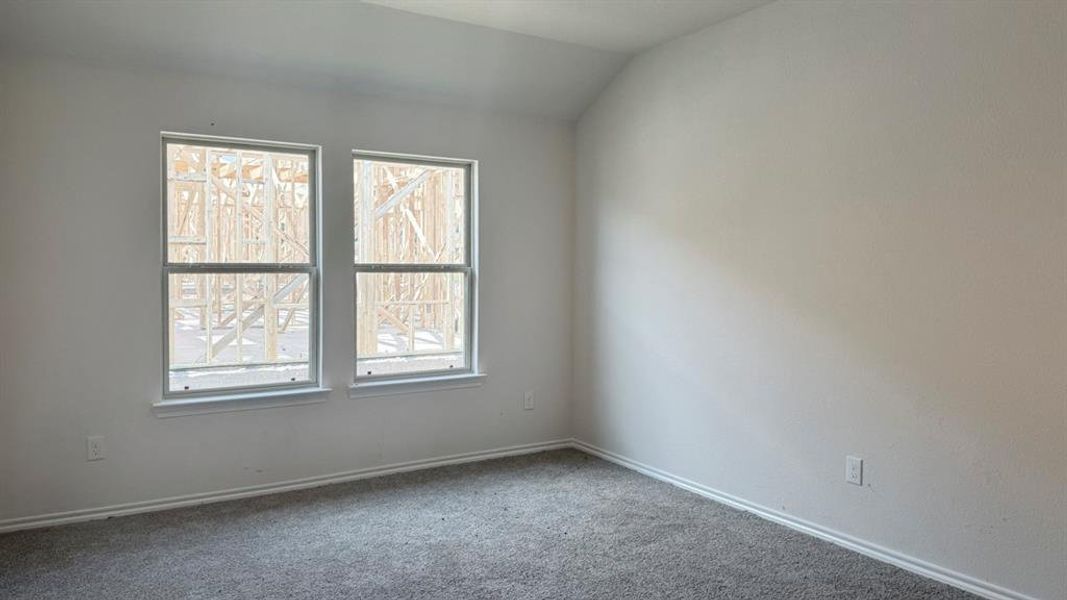 Carpeted empty room featuring baseboards and lofted ceiling