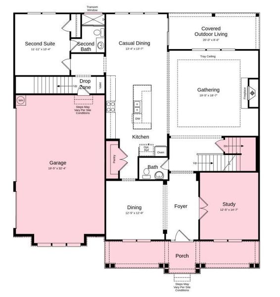 First Floor Plan - Structural options added include: finished walkout basement with bed and full bath, larger pantry, tray ceilings in gathering room and primary bed, tub in laundry room, shower in bath 2, and study