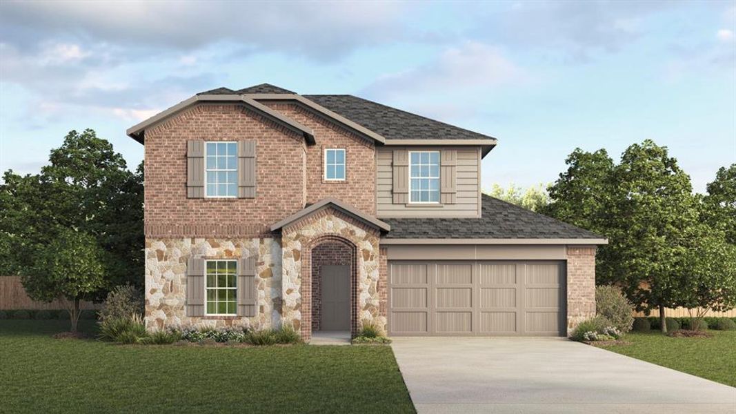 Front exterior of a new home in Fireside by the Lake, Garland, TX, highlighting curb appeal (Image 1). Front exterior of a new home in Fireside by the Lake, Garland, TX, highlighting curb appeal (Image 1).