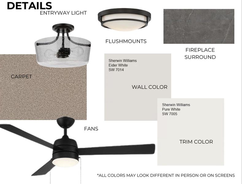 Design Specification Sheet. Detailing material and color selections for the property