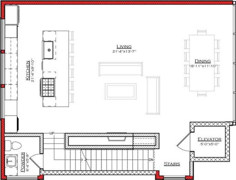 This floor plan features an open-concept kitchen, living, and dining area. The kitchen includes a large island, and the living space is centrally located. There's a powder room near the stairs, and an elevator for easy access. Ideal for modern living and entertaining.