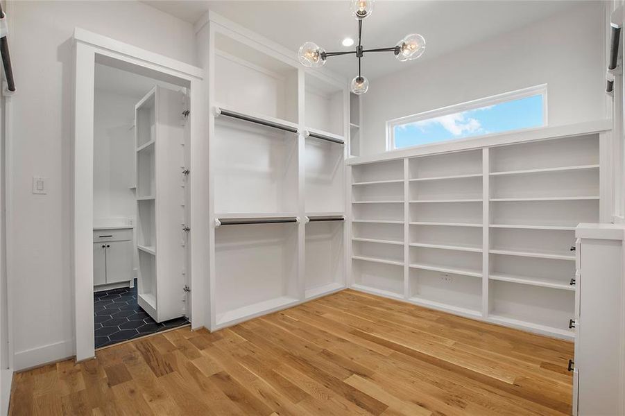 Walk in closet with an inviting chandelier and hardwood / wood-style floors