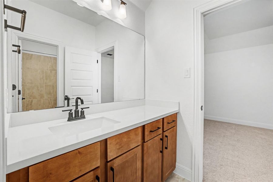 Bathroom featuring vanity and light carpet