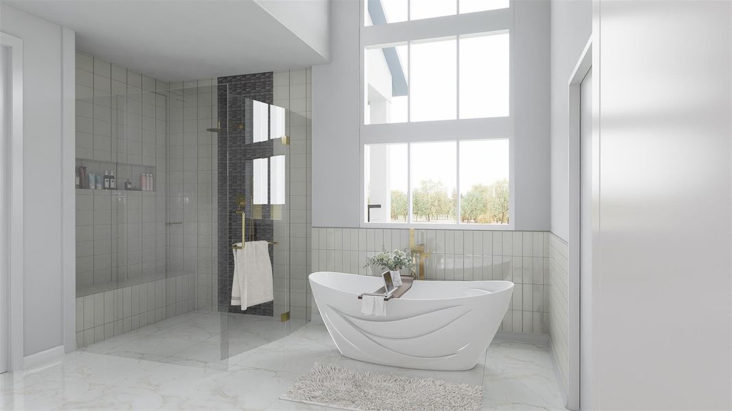Escape to your own private oasis in this beautifully designed primary bathroom. The space boasts a striking, contemporary freestanding soaking tub with elegant wave detailing, perfectly positioned under an expansive double-height window that floods the room with natural light. The ultra-modern, glass-enclosed walk-in shower features a built-in bench, premium vertical tilework, and chic gold-toned hardware. Escape to your own private oasis in this beautifully designed primary bathroom. The space boasts a striking, contemporary freestanding soaking tub with elegant wave detailing, perfectly positioned under an expansive double-height window that floods the room with natural light. The ultra-modern, glass-enclosed walk-in shower features a built-in bench, premium vertical tilework, and chic gold-toned hardware.