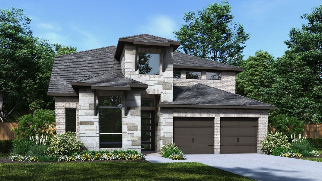 Front exterior of a new home in Valencia 50', Manvel, TX, highlighting curb appeal (Image 1).