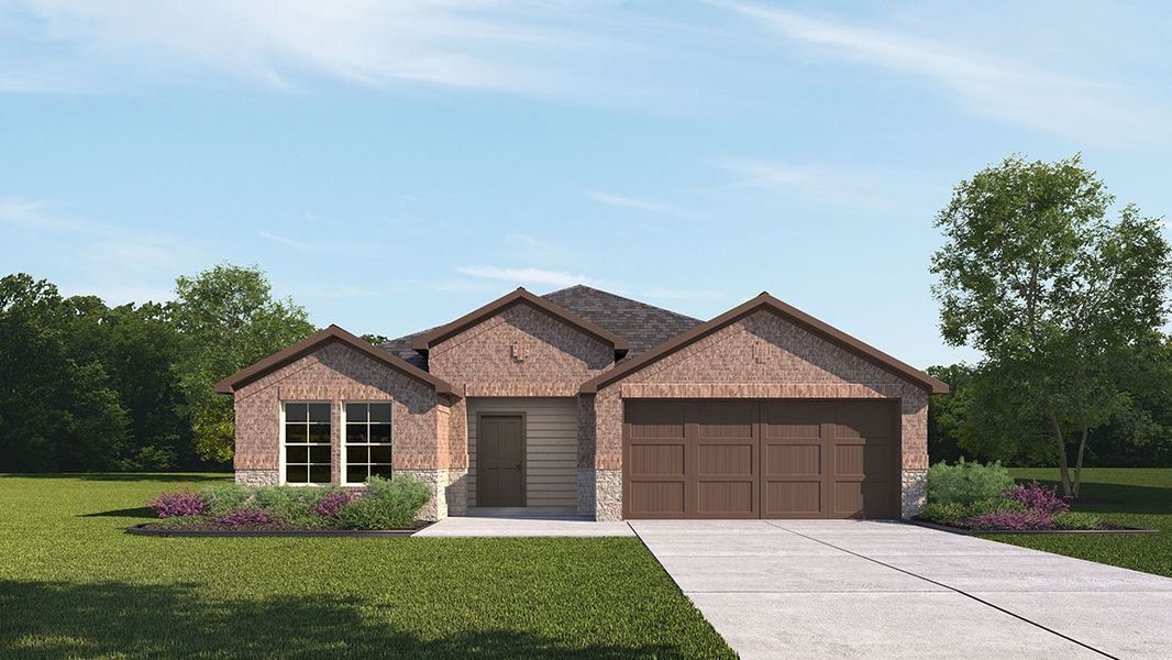 Front exterior of a new home in Evergreen, Rosenberg, TX, highlighting curb appeal (Image 2).