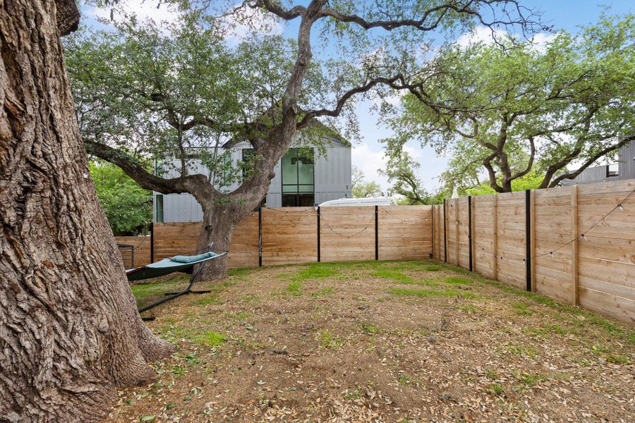 Mature trees shade this private yard, fully enclosed with a robust wooden fence. Mature trees shade this private yard, fully enclosed with a robust wooden fence.